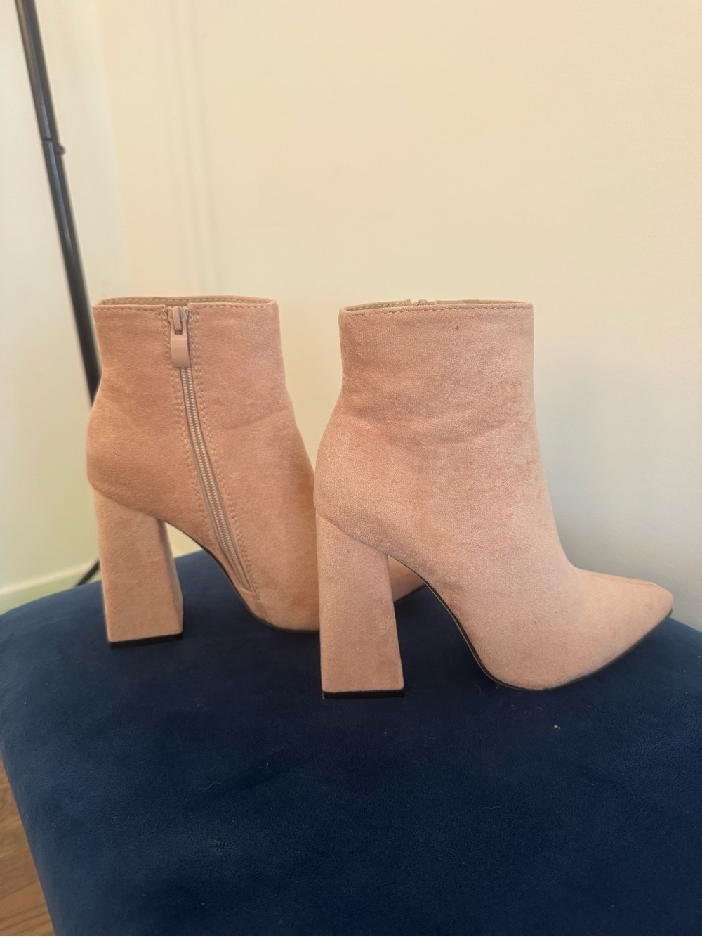 Suede Block Heel Ankle Boots in Blush Pink